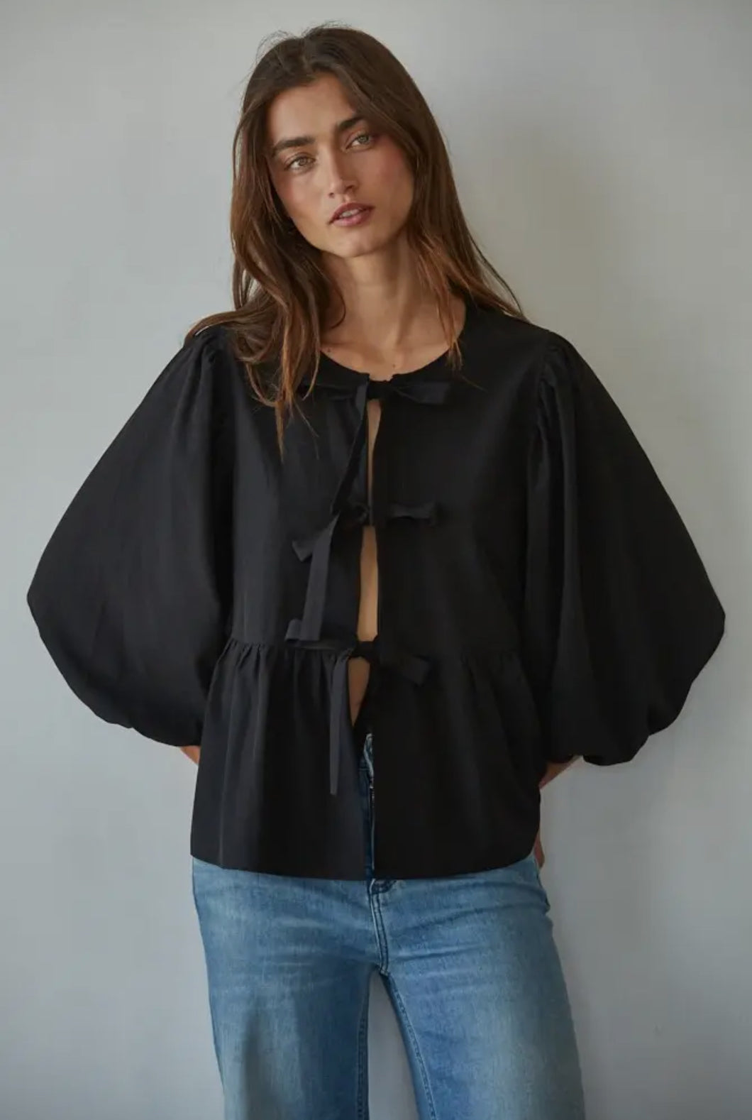 Open Front Ribbon Tied Blouse